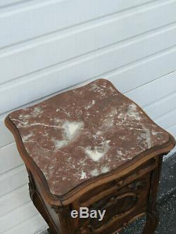 French Late 1800s Carved Tall Inlay Marble Top Nightstand Side End Table 9691