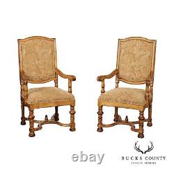 French Louis XIV Style Pair of Carved Frame Fauteuil Armchairs