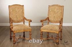 French Louis XIV Style Pair of Carved Frame Fauteuil Armchairs