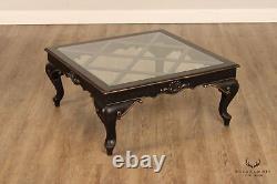 French Louis XV Style Ebonized Wood Glass Top Coffee Table
