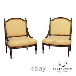 French Louis XVI Style Quality Pair of Walnut Slipper Chairs