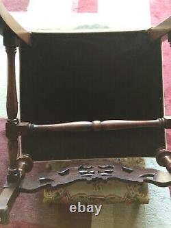 French Walnut Throne Arm Chair Needlepoint Tapestry Late 19 C. Louis XIV
