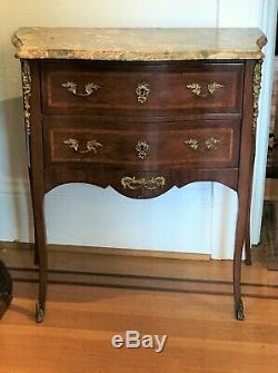 French Walnut Wood Marble Topped Commode Side Table. Late 19th Century