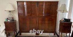 GORGEOUS Antique California King Inlaid Wood Headboard, Footboard & 2 Nightstands