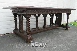 Gothic Heavy Carved Solid Oak Late 1800s Large Console Dining Table 1234A