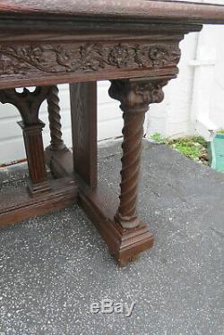 Gothic Heavy Carved Solid Oak Late 1800s Large Console Dining Table 1234A