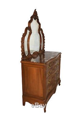 Great French Louis XV Dresser and Mirror, Marble Top, Late 19th Century, Walnut
