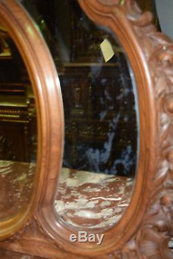Great French Louis XV Dresser and Mirror, Marble Top, Late 19th Century, Walnut