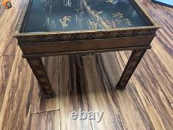 Heritage Chinoiseries Hand Painted Scene Carved Gilt Wood Glass Insert End Table