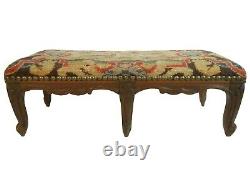 LATE 19TH C ANTIQUE BAROQUE 6-LEGGED WALNUT OTTOMAN, WithPEACOCK EMBR'D WOOL COVER
