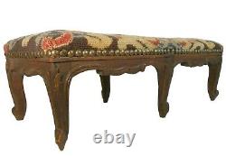 LATE 19TH C ANTIQUE BAROQUE 6-LEGGED WALNUT OTTOMAN, WithPEACOCK EMBR'D WOOL COVER