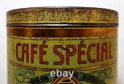 LATE 19TH C VINT ART NOUVEAU BELGIAN'DEMOULIN CAFE SPECIAL' COFFEE TIN WithLID