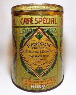 LATE 19TH C VINT ART NOUVEAU BELGIAN'DEMOULIN CAFE SPECIAL' COFFEE TIN WithLID