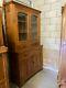 LATE 19TH CENTURY 2 PC Oak BUFFET KITCHEN CUPBOARD HUTCH, drawers, glass doors