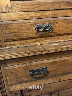 LATE 19TH CENTURY 2 PC Oak BUFFET KITCHEN CUPBOARD HUTCH, drawers, glass doors