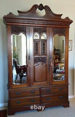 LATE 19thC FRENCH MAHOGANY WARDROBE/ARMOIRE withINLAY, CARVINGS, BEVELLED MIRRORS