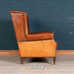 LATE 20thC DUTCH LEATHER WING-BACK SHEEPSKIN LEATHER ARMCHAIR