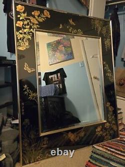 La Barge 1990 Black Glass with Chinoiserie Framed Mirror Signed VanDyke/Haraison