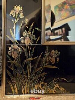 La Barge 1990 Black Glass with Chinoiserie Framed Mirror Signed VanDyke/Haraison