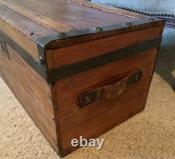 Large Antique Mid to Late 1800s Wooden Travel Trunk, Original Leather Handles