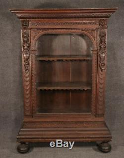 Late 1700s Era Italian Carved Oak Figural China Cabinet Vitrine Bookcase Rare