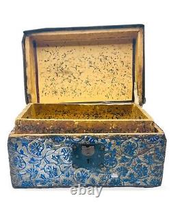 Late 1800's 12 Victorian Embossed Metal Pattern Child's Doll Trunk With Insert