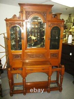 Late 1800's English Oak Victorian Edwardian Carved Hall Tree Umbrella Stand