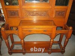 Late 1800's English Oak Victorian Edwardian Carved Hall Tree Umbrella Stand