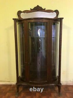 Late 1800s Antique Oak Victorian Curved Glass China Cabinet Closet-needs Restore