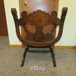 Late 1800s Antique Stomps Burkhardt Northwind Carved Face Gothic Wood Arm Chair