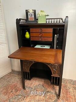 Late 1800s Antique Wood Writing Desk Painted Black Secretary Desk