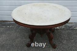 Late 1800s Eastlake Victorian Marble Top Hand Carved Coffee Table 1998