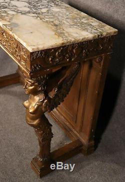Late 1800s Era Egyptian Revival Gilded Carved Figural Marble Top Console Table