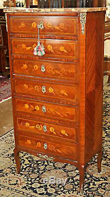 Late 1800s French Satinwood Inlaid Marble Top Inlaid Lingerie Tall Dresser Chest