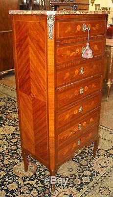 Late 1800s French Satinwood Inlaid Marble Top Inlaid Lingerie Tall Dresser Chest