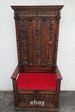 Late 1800s Gothic Heavy Hand Carved Throne Chair Hall Seat Bench 5317