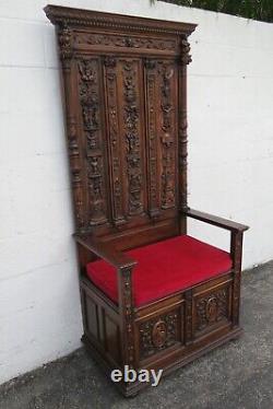 Late 1800s Gothic Heavy Hand Carved Throne Chair Hall Seat Bench 5317