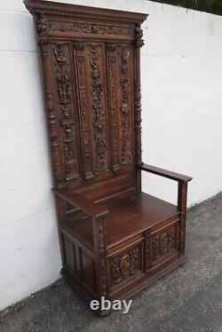 Late 1800s Gothic Heavy Hand Carved Throne Chair Hall Seat Bench 5317