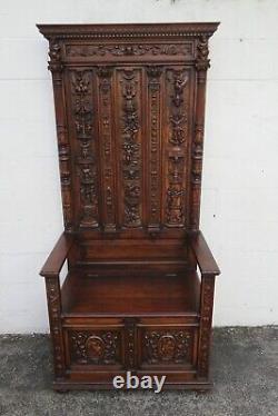 Late 1800s Gothic Heavy Hand Carved Throne Chair Hall Seat Bench 5317