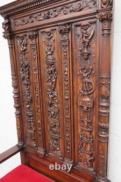 Late 1800s Gothic Heavy Hand Carved Throne Chair Hall Seat Bench 5317