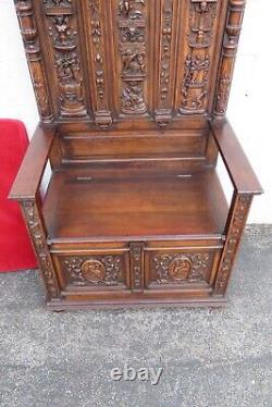 Late 1800s Gothic Heavy Hand Carved Throne Chair Hall Seat Bench 5317