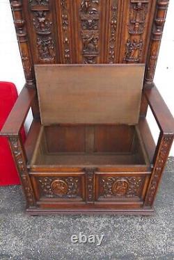 Late 1800s Gothic Heavy Hand Carved Throne Chair Hall Seat Bench 5317