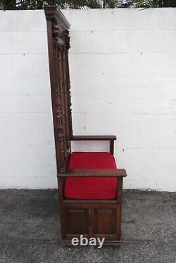 Late 1800s Gothic Heavy Hand Carved Throne Chair Hall Seat Bench 5317