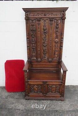 Late 1800s Gothic Heavy Hand Carved Throne Chair Hall Seat Bench 5317