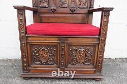 Late 1800s Gothic Heavy Hand Carved Throne Chair Hall Seat Bench 5317