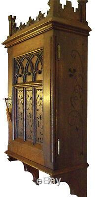 Late 1800s Gothic Revival Hand Carved Oak Wall Cabinet Germany