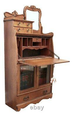 Late 1800s Tiger Oak Secretary Desk Cabinet with Small Mirror 9984
