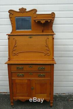 Late 1800s Tiger Oak Secretary Desk Cabinet with Small Mirror 9984