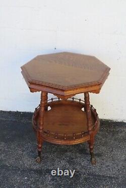 Late 1800s Victorian Octagon Tiger Oak Carved Side End Table 5096