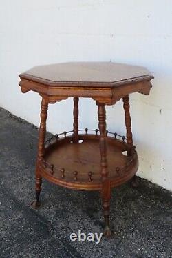 Late 1800s Victorian Octagon Tiger Oak Carved Side End Table 5096